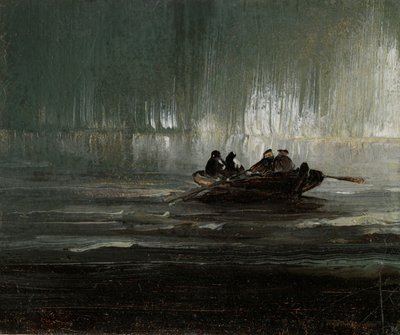 Aurora boreale su quattro uomini in barca a remi da Peder Balke